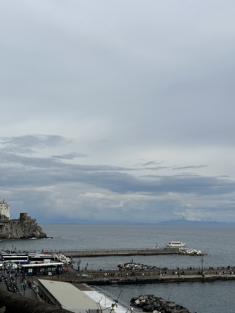 Piers of the Amalfi Harbour, viewed from the rental car on the Amalfi Drive