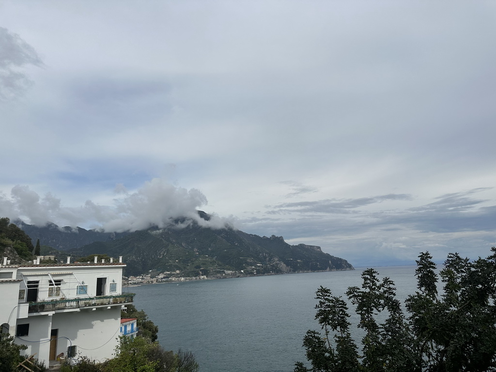 Houses at Ravello, the town of Maiori and the Tyrrhenian Sea, viewed from the rental car on the Amalfi Drive