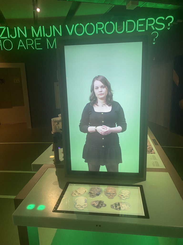 TV screens with information on human ancestor`s skulls at the Who Are My Ancestors game at the Humania Exhibition at the Fourth Floor of the NEMO Science Museum