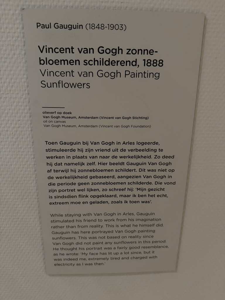 Explanation on the painting `Vincent van Gogh Painting Sunflowers` by Paul Gauguin at the third floor of the Van Gogh Museum