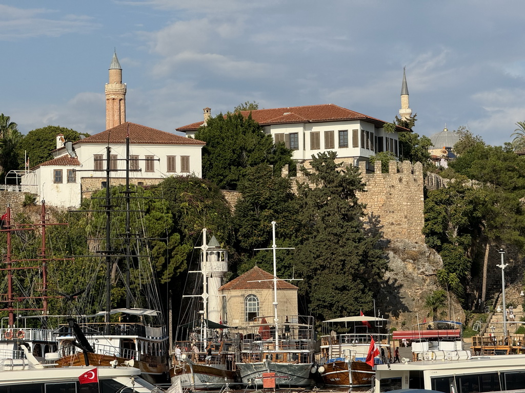 Boats at the Roman Harbour, the Iskele Mosque, the Kirk Merdiven staircase, the City Wall and the minarets of the Yivli Minaret Mosque and the Tekeli Mehmet Pasa Mosque, viewed from the Pier