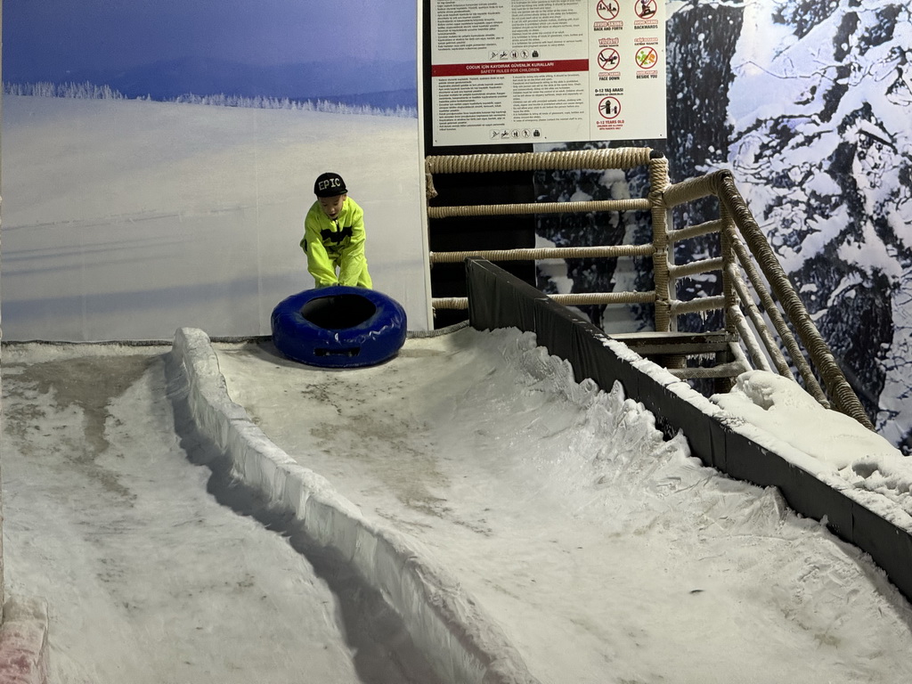 Max with a tyre at the Snow World at the Antalya Aquarium