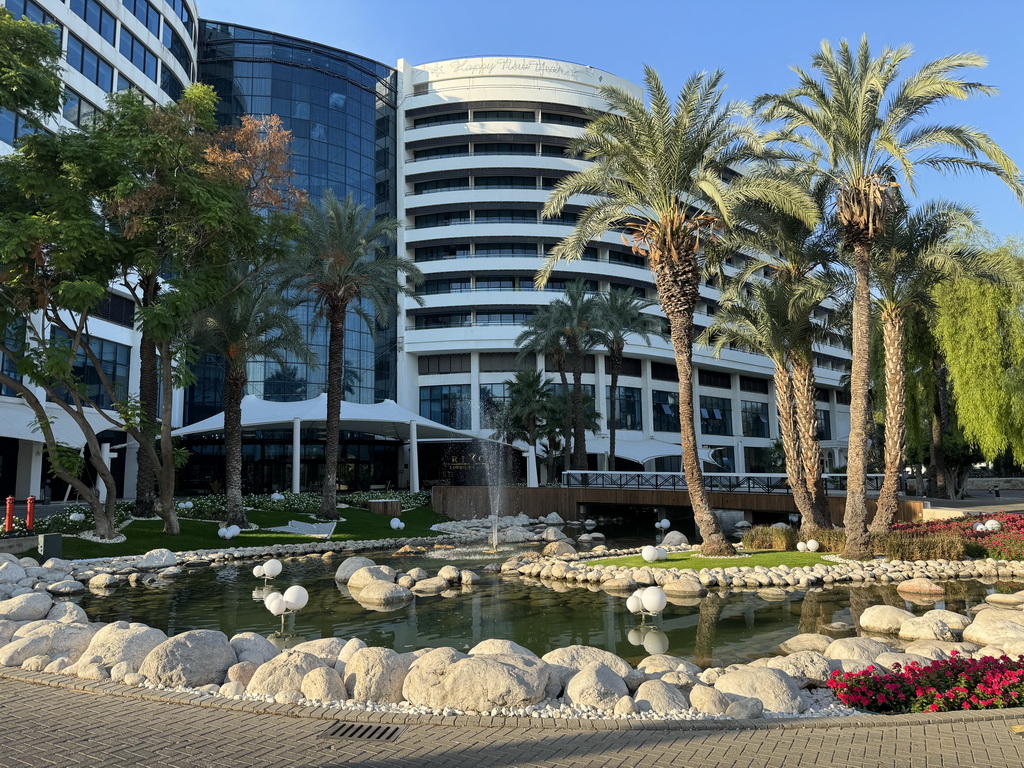 Pond with fountain in front of the Rixos Downtown Antalya hotel at the Sakip Sabanci Boulevard