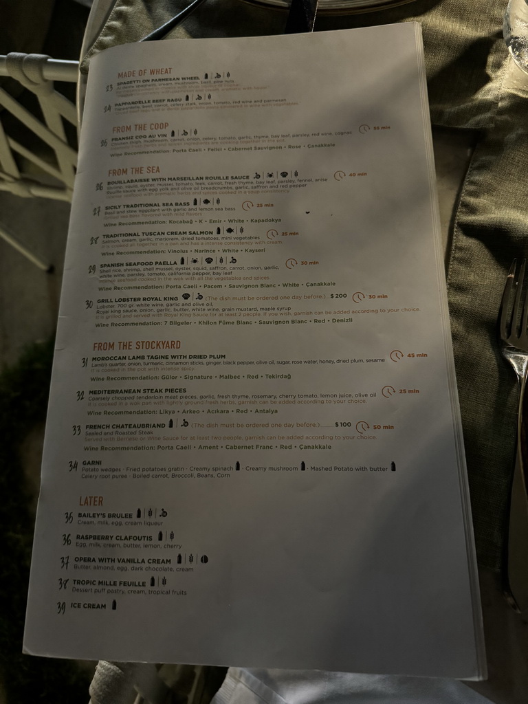 Menu of the terrace of the Turunc restaurant at the garden of the Rixos Downtown Antalya hotel, by night