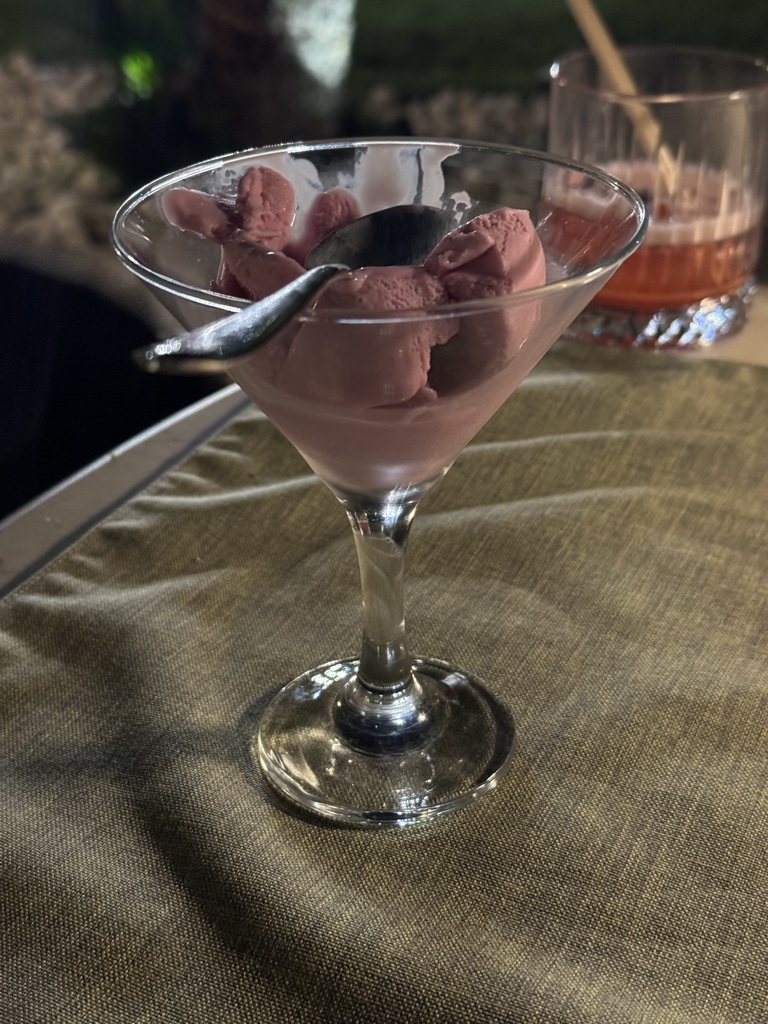 Ice cream at the terrace of the Turunc restaurant at the garden of the Rixos Downtown Antalya hotel, by night