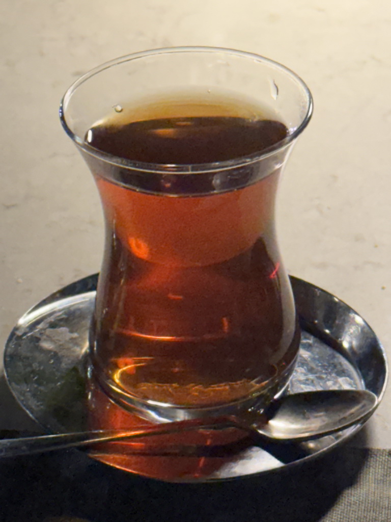 Turkish tea at the terrace of the Turunc restaurant at the garden of the Rixos Downtown Antalya hotel, by night