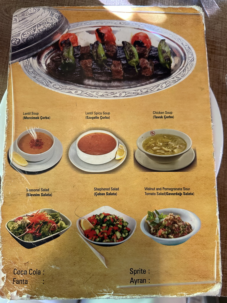 Menu of the Pasa Bey Kebap restaurant