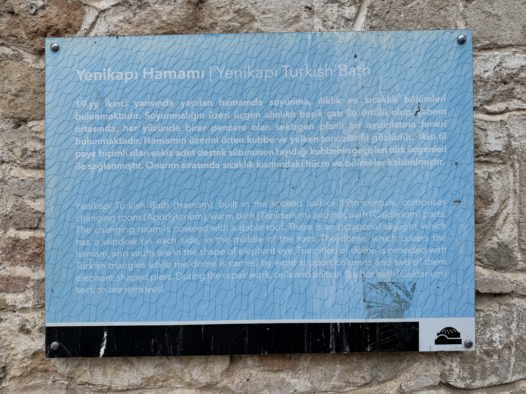 Information on the Yenikapi Turkish Bath at the Yeni Kapi Sokak alley