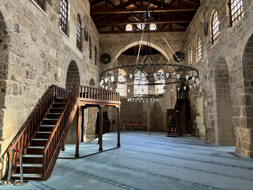 Staircase, pulpit, chandeleer, windows, mihrab and minbar at the Sehzade Korkut Mosque