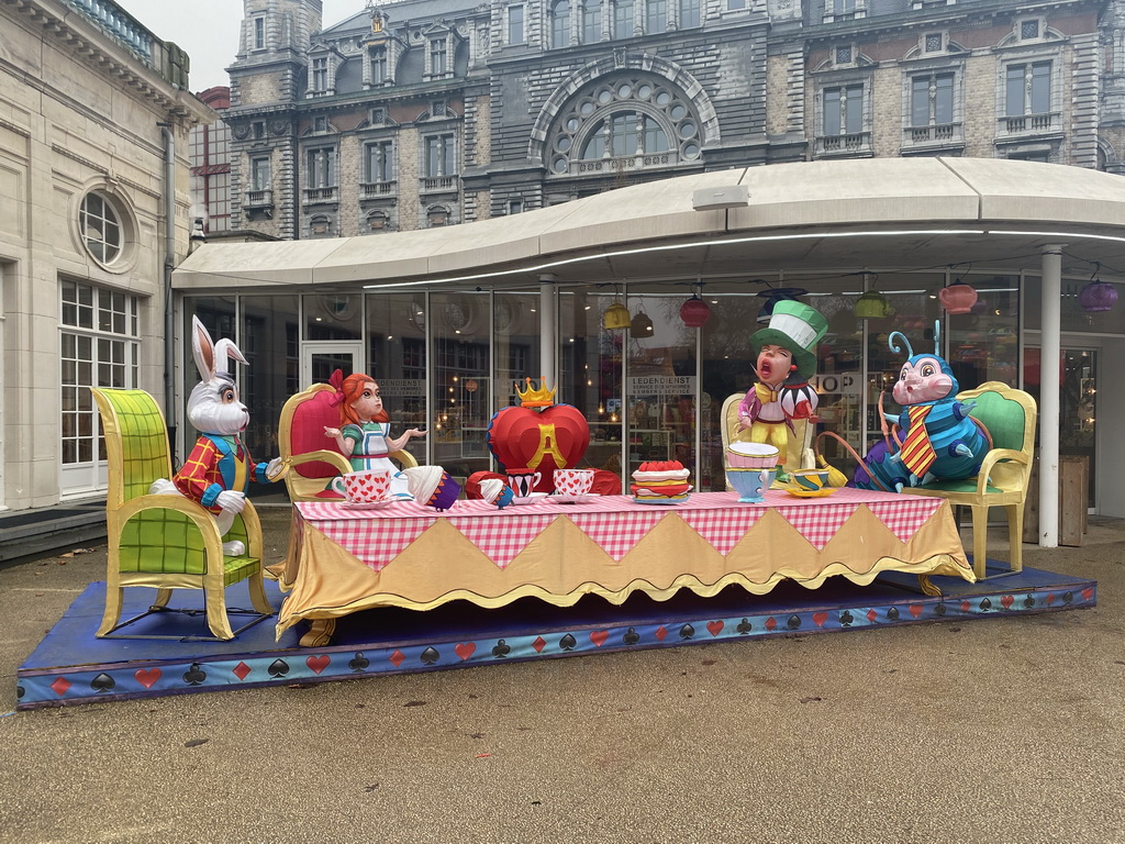 Decorations of the Alice in Wonderland Light Festival in front of the souvenir shop at the Antwerp Zoo