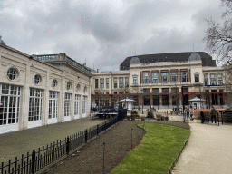 East side of the Grand Café Flamingo and the Flamingoplein square at the Antwerp Zoo and the south side of the Queen Elisabeth Hall