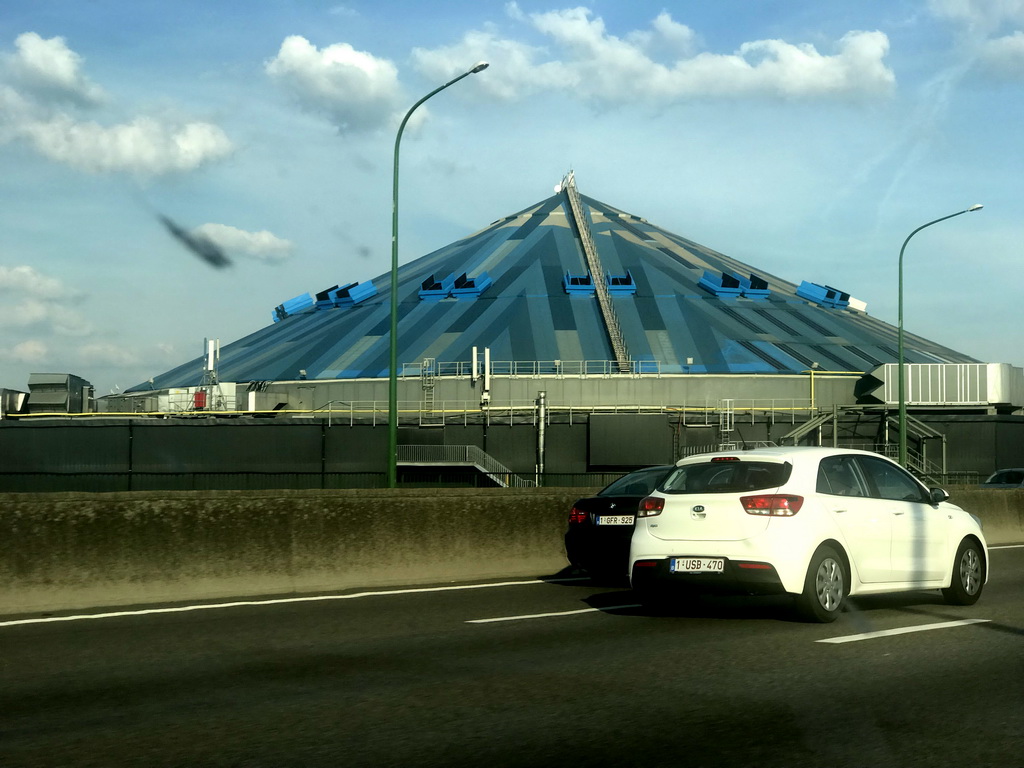 The Antwerps Sportpaleis building, viewed from the car on the E19 road