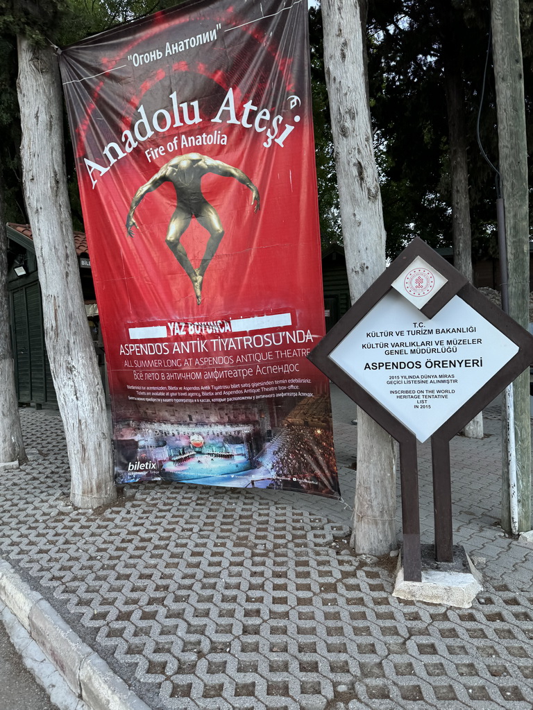 Information on the Fire of Anatolia show in front of the entrance to the Roman Theatre of Aspendos at the Aspendos Yolu street