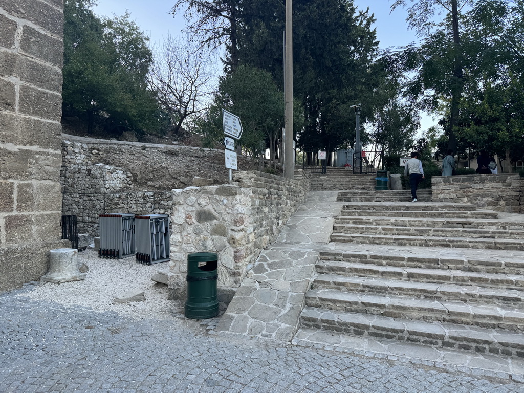 Staircase to the ruins of the Acropolis, Agora, Basilica, Nympheaum and Aqueduct of Aspendos near the entrance of the Roman Theatre of Aspendos