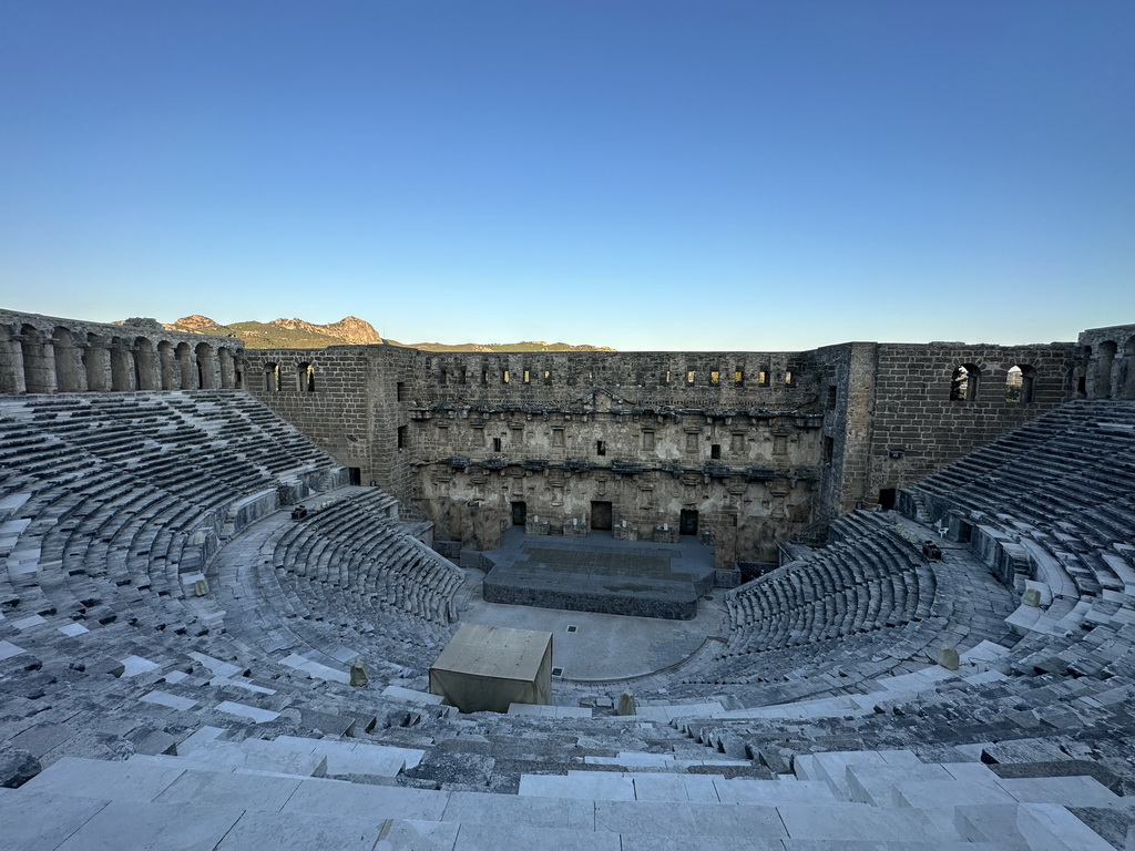 Auditorium, orchestra, stage and stage building of the Roman Theatre of Aspendos, viewed from the top of the west auditorium