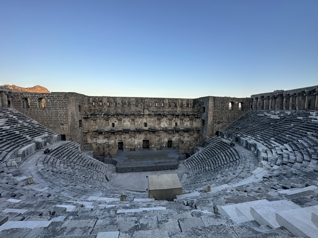 Auditorium, orchestra, stage and stage building of the Roman Theatre of Aspendos, viewed from the top of the west auditorium