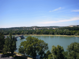 The Pont Saint-Bénezet bridge over the Rhône river, the Tour Philippe le Bel tower and the Fort Saint-André, viewed from the Rocher des Doms gardens