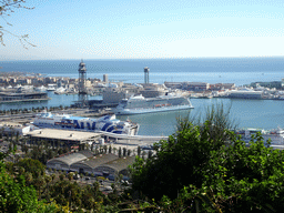 Boats at the Port de Barcelona harbour, viewed from the Mirador de l`Alcalde viewpoint at the east side of the Montjuïc hill