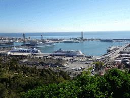 Boats at the Port de Barcelona harbour, viewed from the Mirador de l`Alcalde viewpoint at the east side of the Montjuïc hill