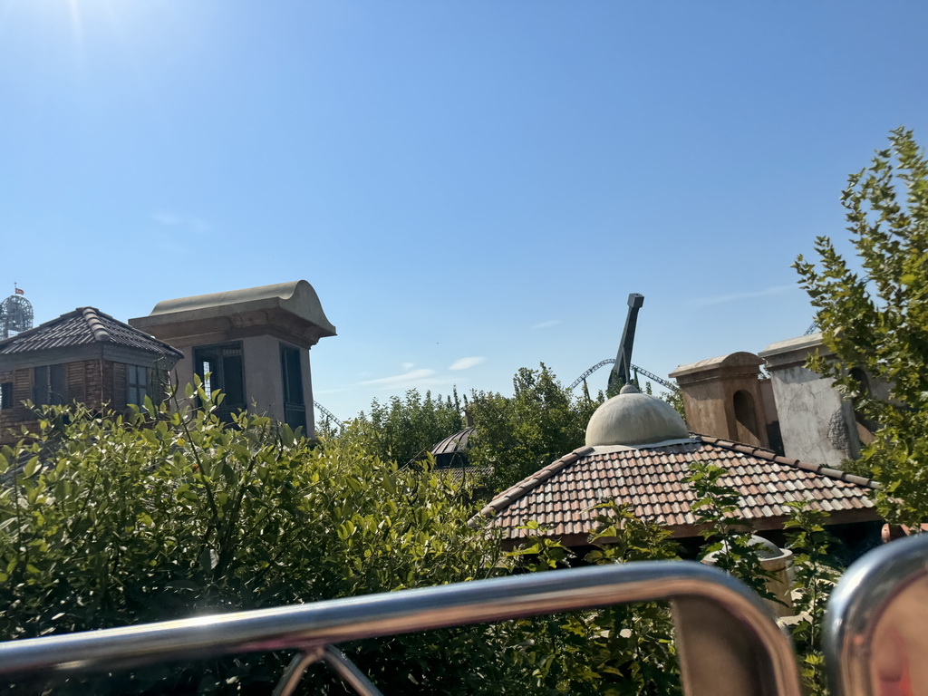 The Typhoon Coaster, the Hyper Coaster and the Sky Fighter attractions at the Adventure Land area of the Land of Legends theme park, viewed from the Air Balloon Race attraction