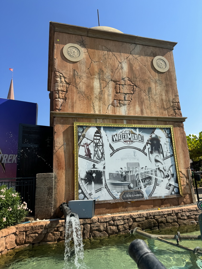 Waterfall at the Watermania attraction at the Adventure Land area of the Land of Legends theme park, viewed from a boat