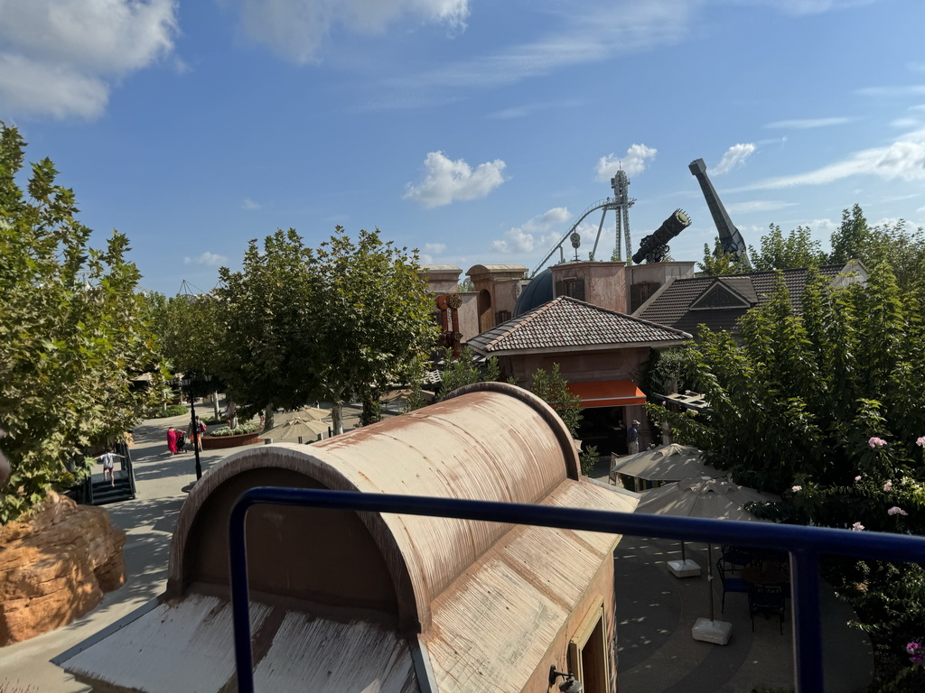 The Uptown Loop, Typhoon Coaster, Sky Fighter and Riot attractions at the Adventure Land area of the Land of Legends theme park, viewed from the Flying Carpet attraction