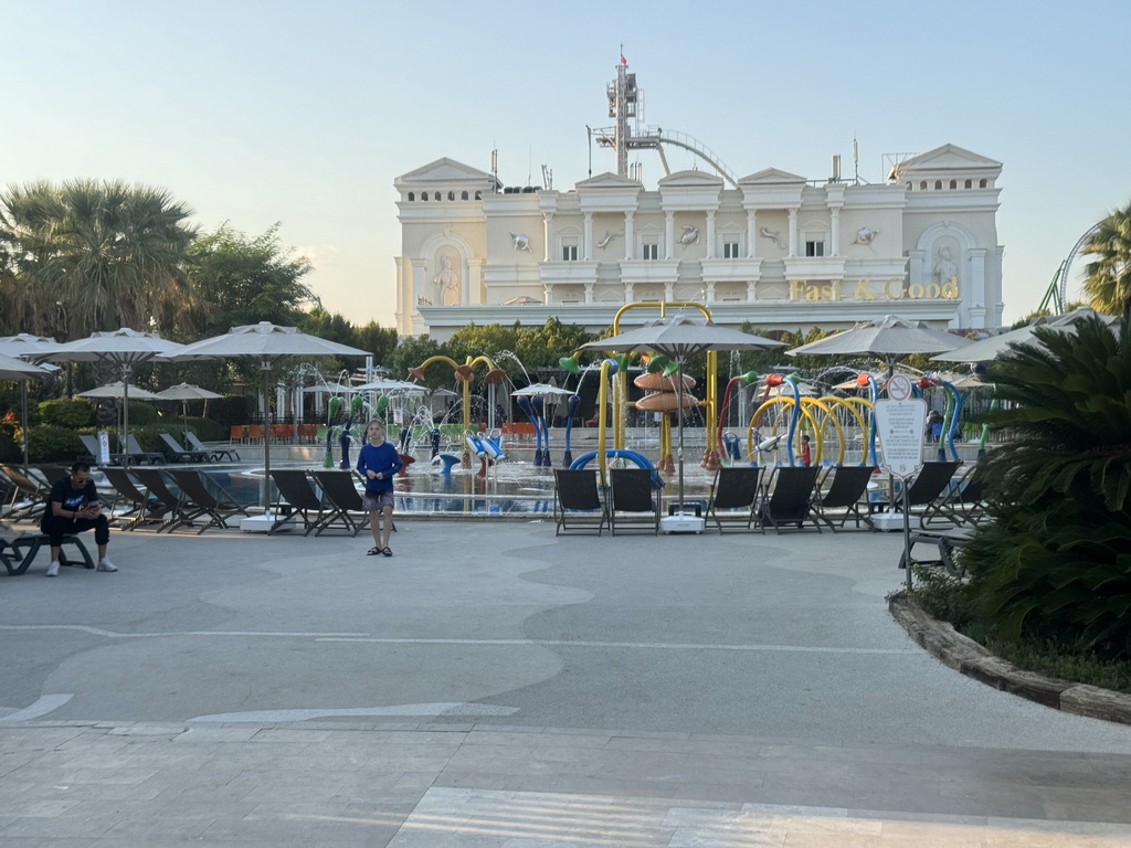 The Spray Action attraction and the front of the Fast & Good restaurant at the Aqua Land area of the Land of Legends theme park