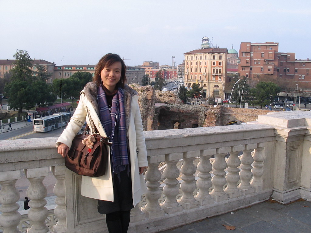 Miaomiao at the northwest side of the Montagnola Park, with a view on the Rocca Galliera ruins