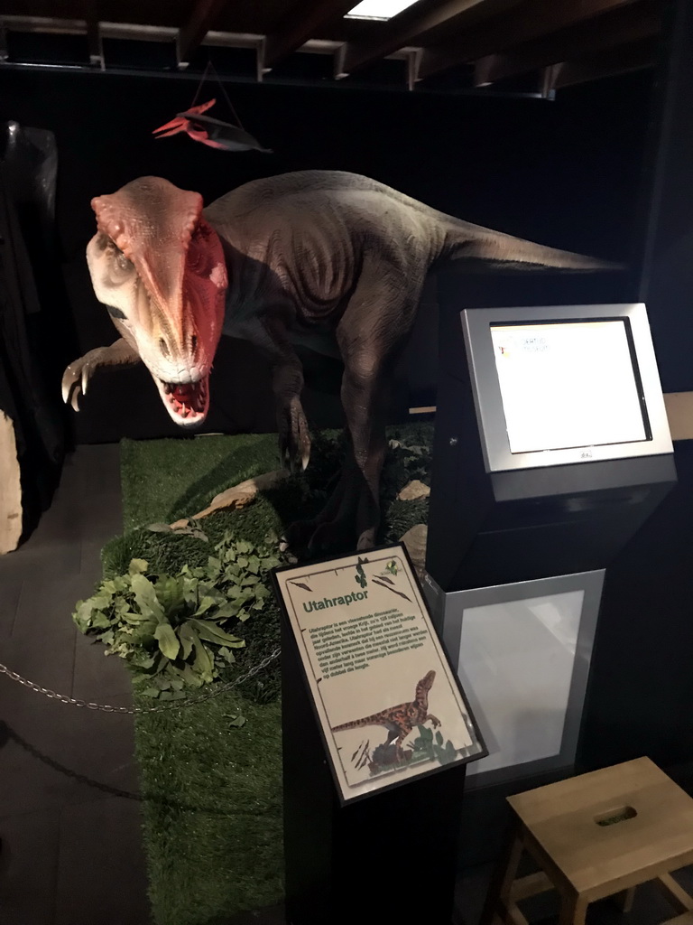 Statue of a Utahraptor at the Upper Floor of the Museum Building of the Oertijdmuseum, with explanation