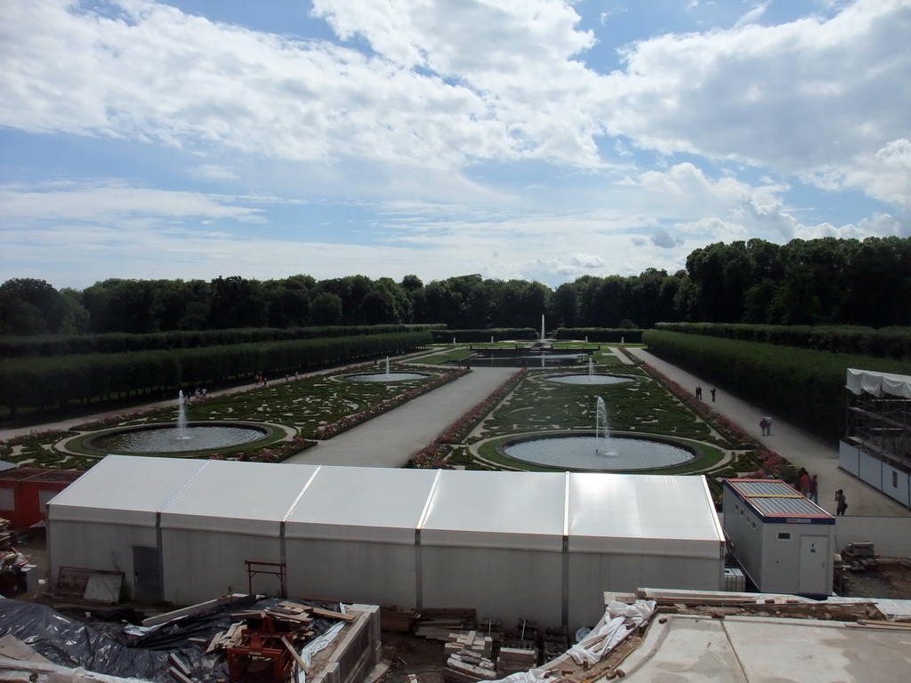 Fountains and flowers in the gardens of the Augustusburg Palace, viewed from the upper floor of the Augustusburg Palace