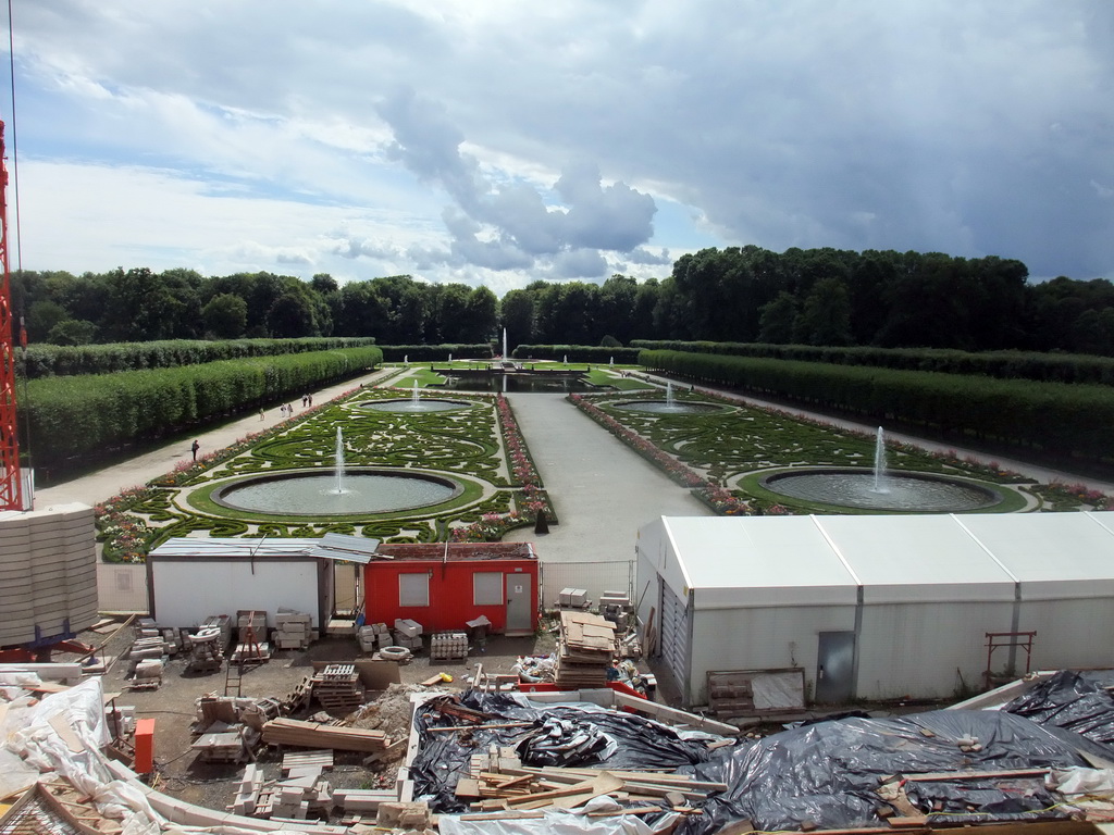 Fountains and flowers in the gardens of the Augustusburg Palace, viewed from the upper floor of the Augustusburg Palace