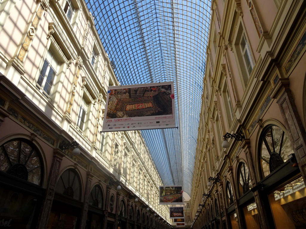 Photographs of the flower carpets at the Grand Place square at the ceiling of the Galeries Royales Saint-Hubert shopping arcade