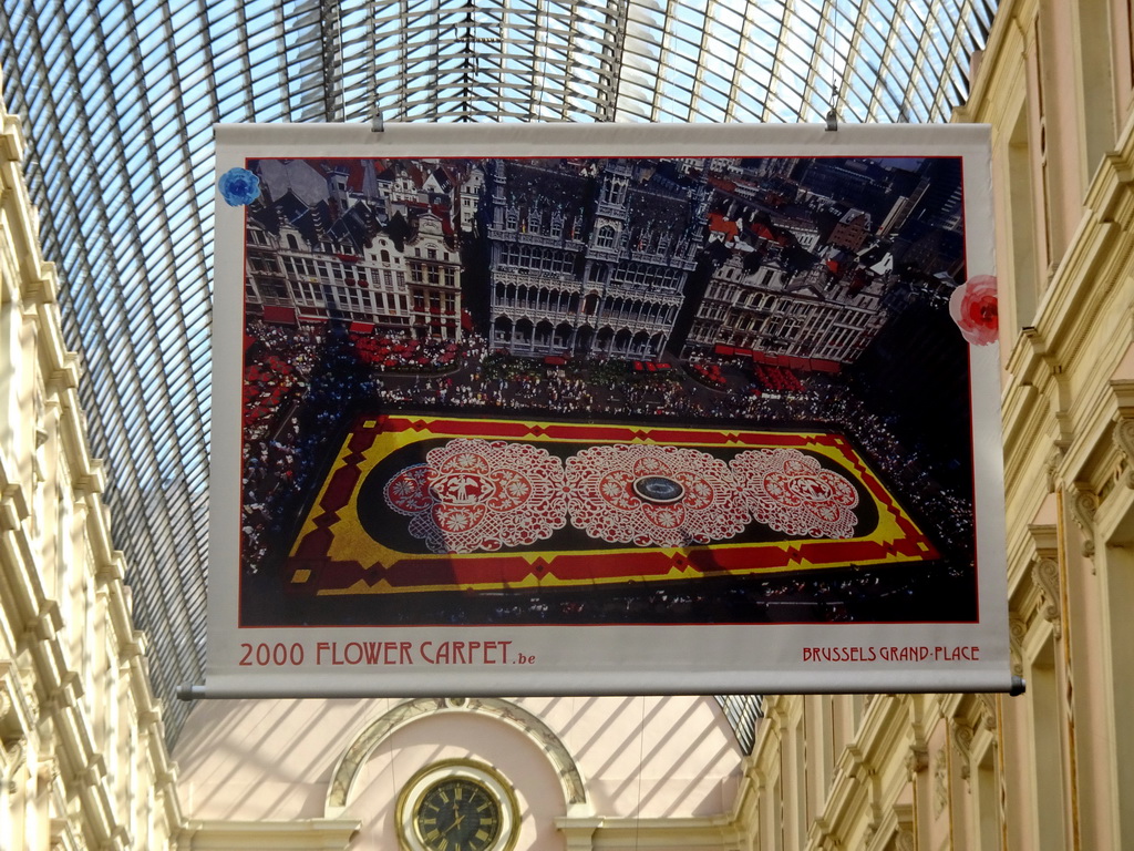 Photograph of the 2000 flower carpet at the Grand Place square at the ceiling of the Galeries Royales Saint-Hubert shopping arcade