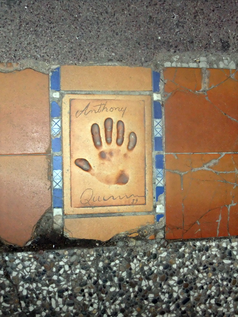 Hand print of Anthony Quinn at the Cannes Walk of Fame, by night