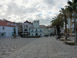 The Praça 5 de Outubro square with the Monument to Peter I of Portugal and the Câmara Municipal De Cascais building, viewed from the bus to Lisbon