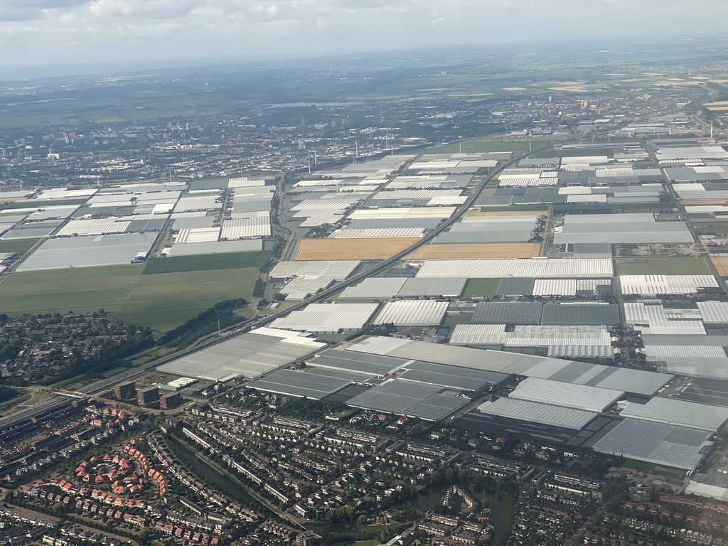 Greenhouses at the town of Bleiswijk, viewed from the airplane from Rotterdam