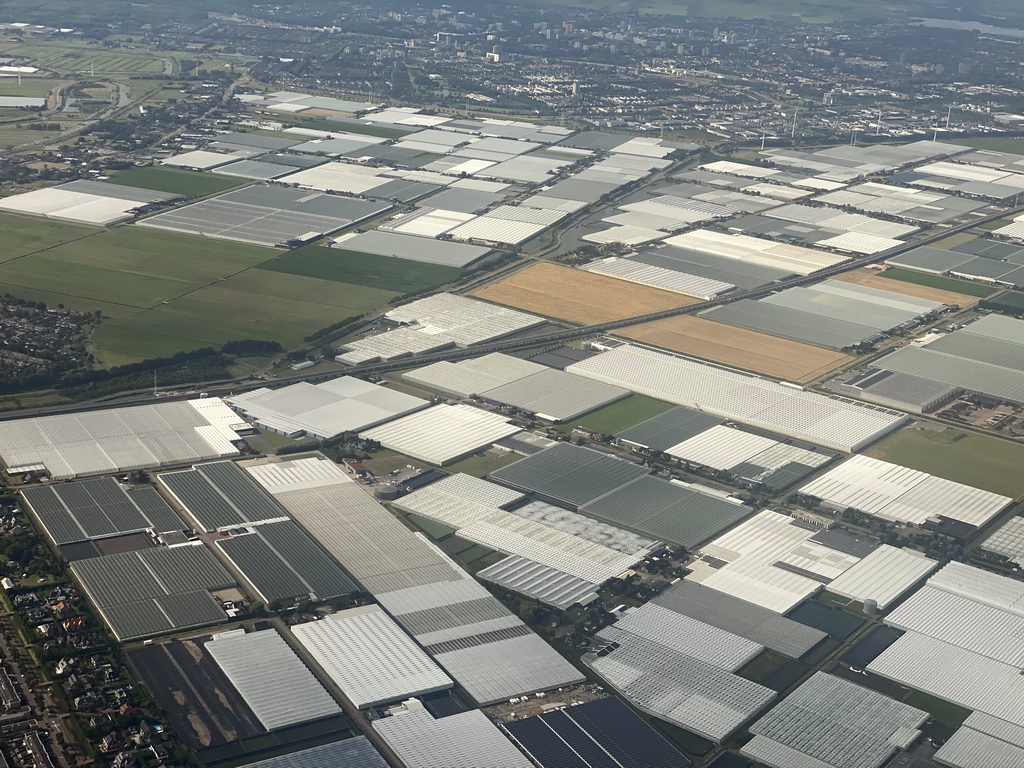 Greenhouses at the town of Bleiswijk, viewed from the airplane from Rotterdam