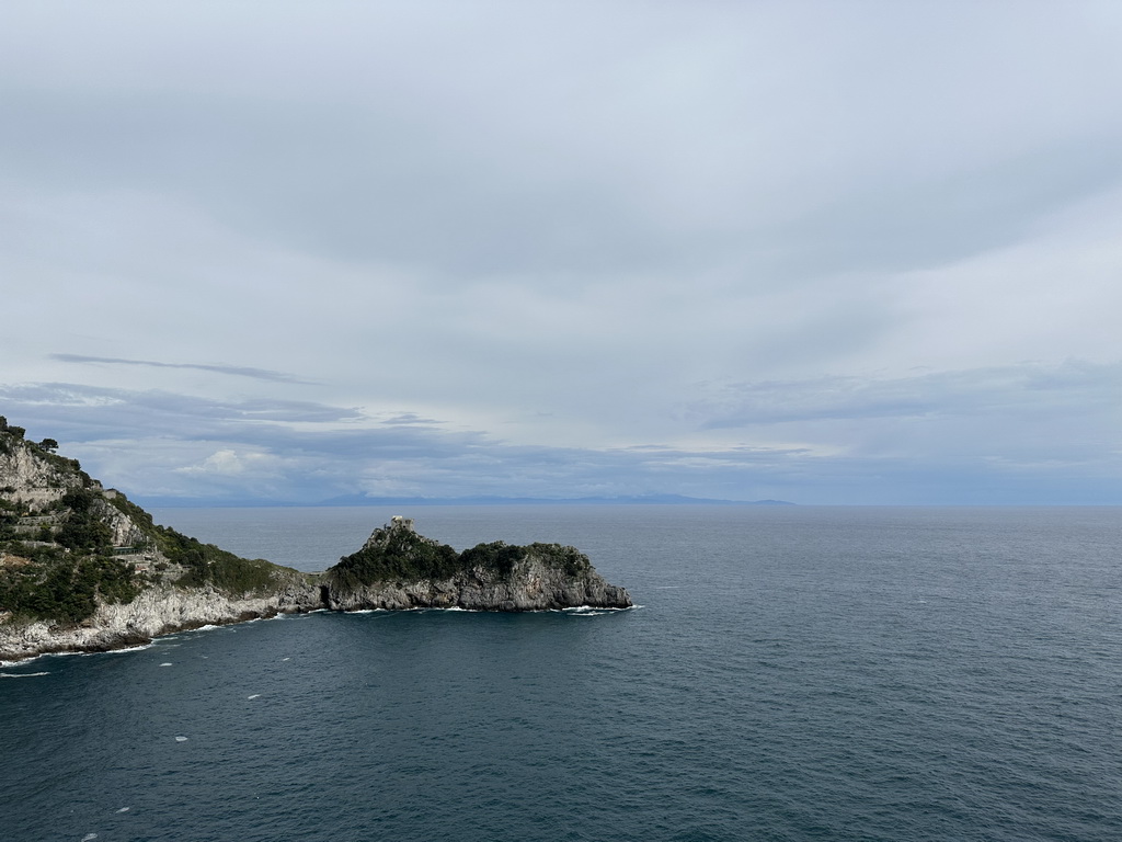 The Torre Capo di Conca tower and the Tyrrhenian Sea, viewed from the parking lot of the Grotta dello Smeraldo cave