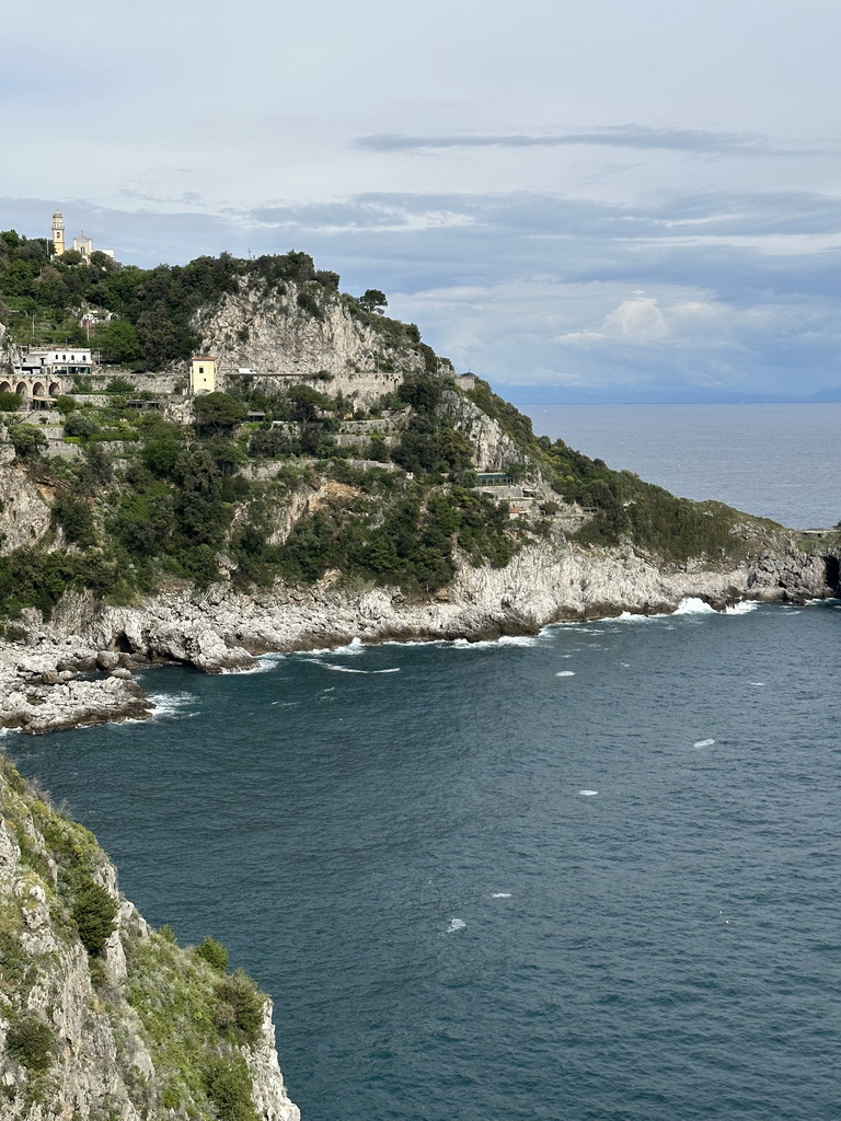 The west side of town with the Chiesa San Pancrazio Martire church and the Tyrrhenian Sea, viewed from the parking lot of the Grotta dello Smeraldo cave