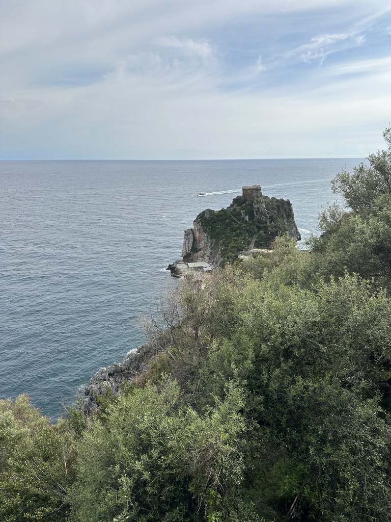 The Torre Capo di Conca tower and the Tyrrhenian Sea, viewed from the parking lot of Hotel Belvedere