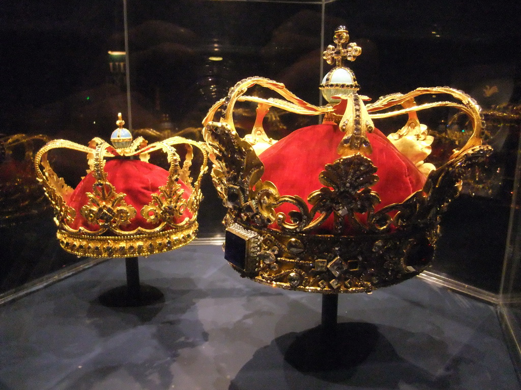 Christian V`s Crown and the Queen`s Crown in the Treasury at the basement of Rosenborg Castle