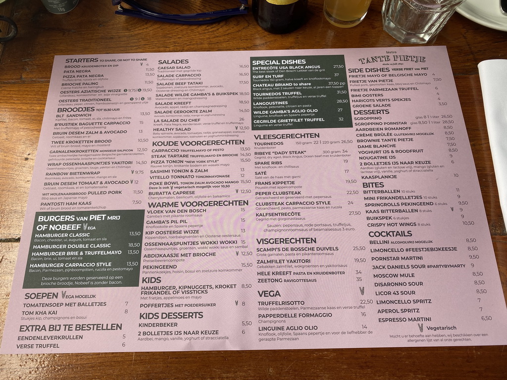 Menu of the Bistro Tante Pietje restaurant