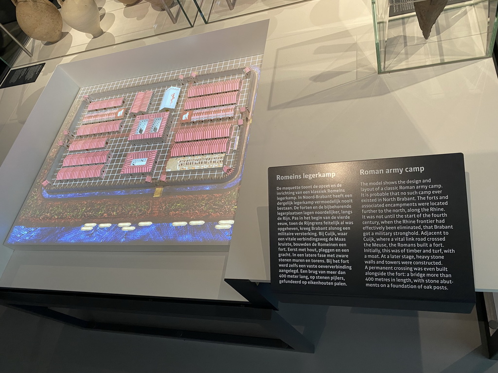 Scale model of a Roman army camp at the `Het Verhaal van Brabant` exhibition at the Wim van der Leegtezaal room at the Noordbrabants Museum, with explanation