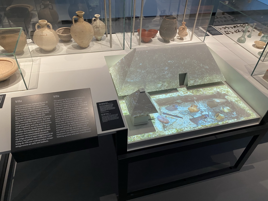 Scale model of a Roman villa at the `Het Verhaal van Brabant` exhibition at the Wim van der Leegtezaal room at the Noordbrabants Museum, with explanation