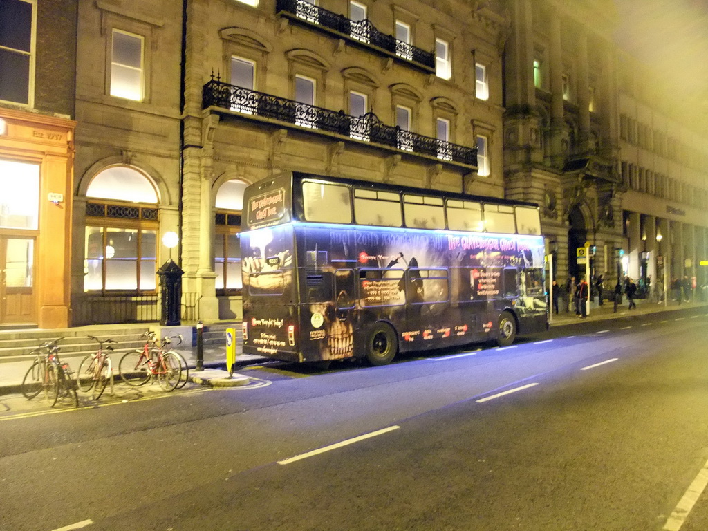 The Gravedigger Ghost Tour bus at College Green, by night