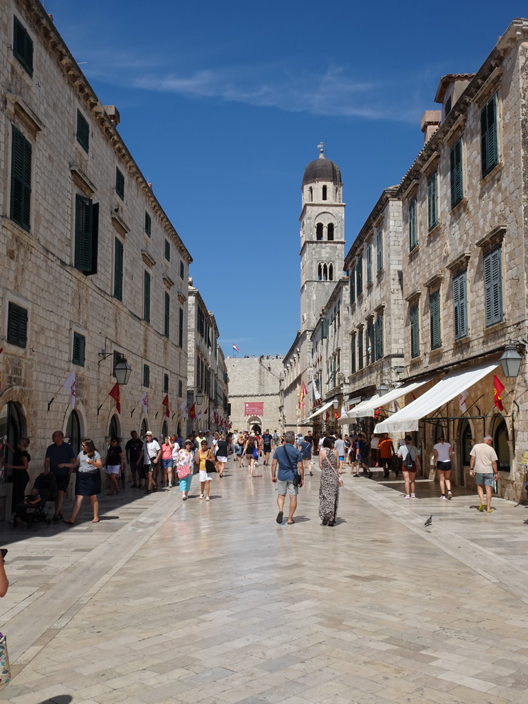 The Stradun street and the tower of the Franciscan Church