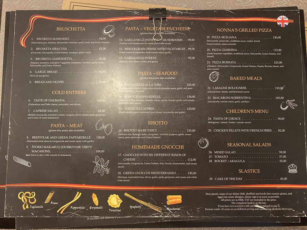 Menu at the Spaghetteria Toni restaurant