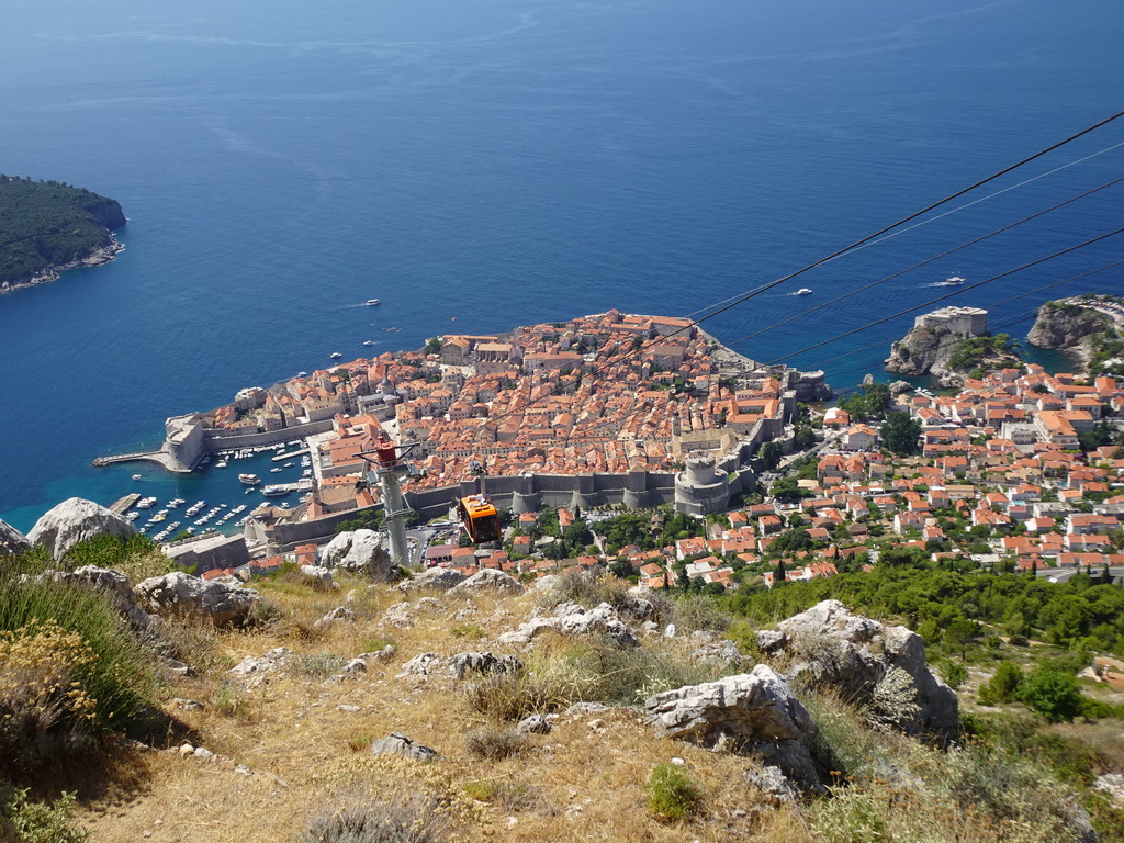 The Dubrovnik Cable Car from the Old Town, Fort Lovrijenac and the Lokrum island, viewed from the terrace of the Restaurant Panorama at Mount Srd