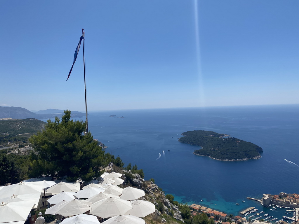 The terrace of the Restaurant Panorama at Mount Srd, the Old Town and the Lokrum island, viewed from the viewing platform at the upper station of the Dubrovnik Cable Car