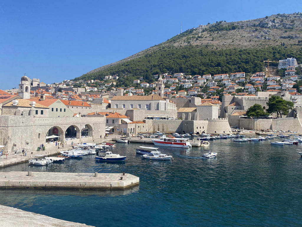 The Old Port, St. Blaise`s Church, the Revelin Fortress, the Dominican Monastery and Mount Srd, viewed from the eastern city walls